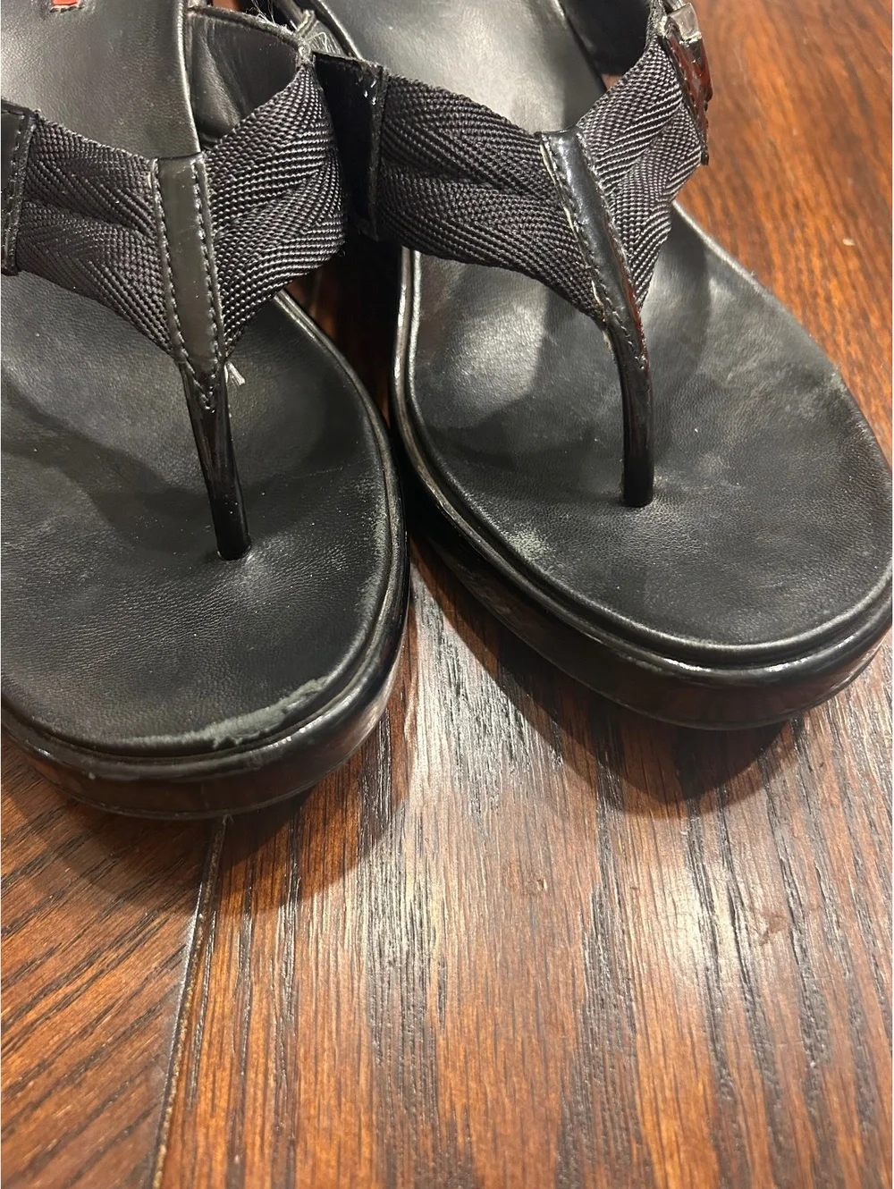 Prada Black Wedge Thong Sandals with Buckle Detail